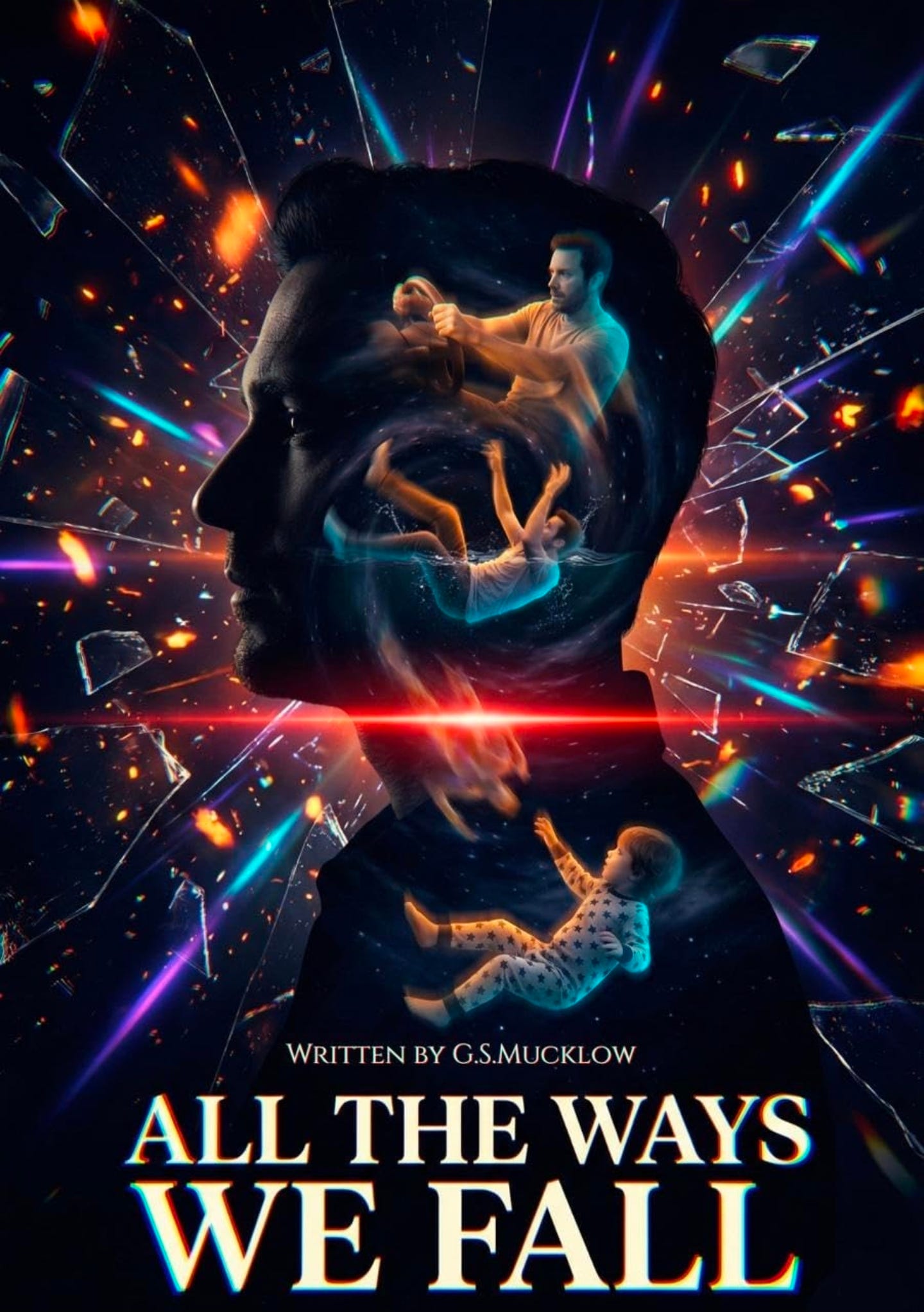 All The Ways We Fall cover: a profile filled with falling figures amid shattering light.