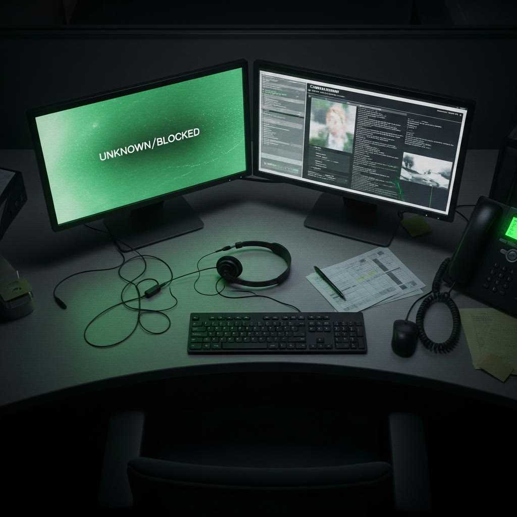 A dark night-shift call-centre desk; a monitor reads UNKNOWN / BLOCKED.