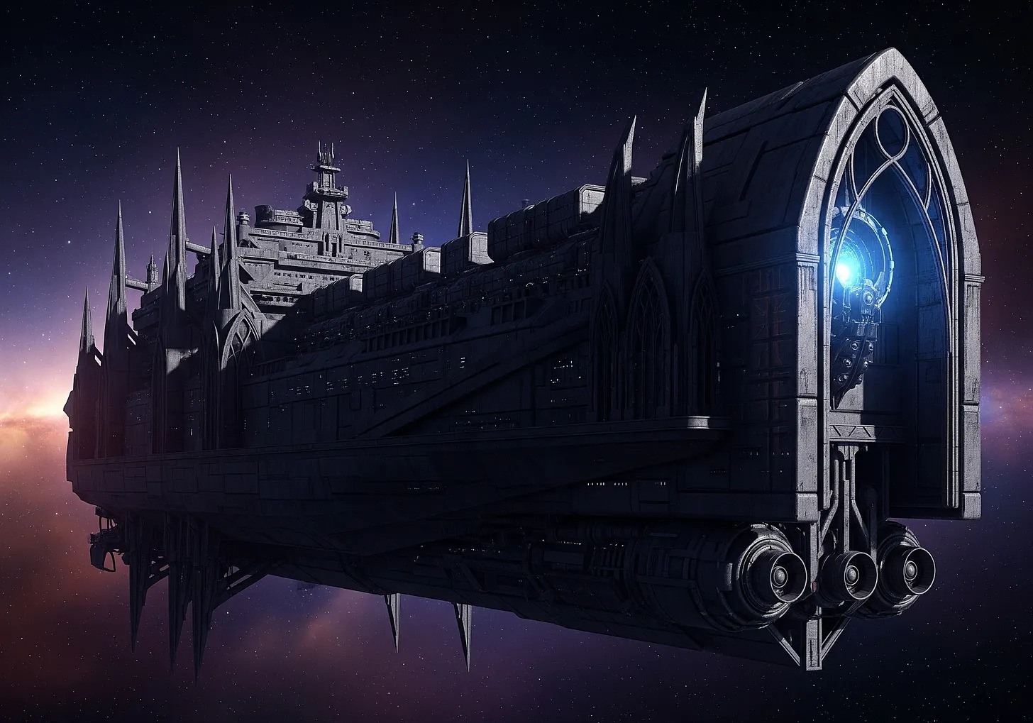 The Hesperus Canto cover: a gothic starship crossing a purple starfield.
