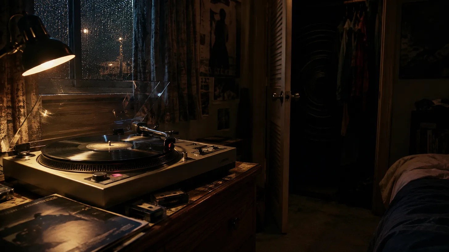 Nocturnal Me cover: a turntable in a dark bedroom beside a rain-streaked window.