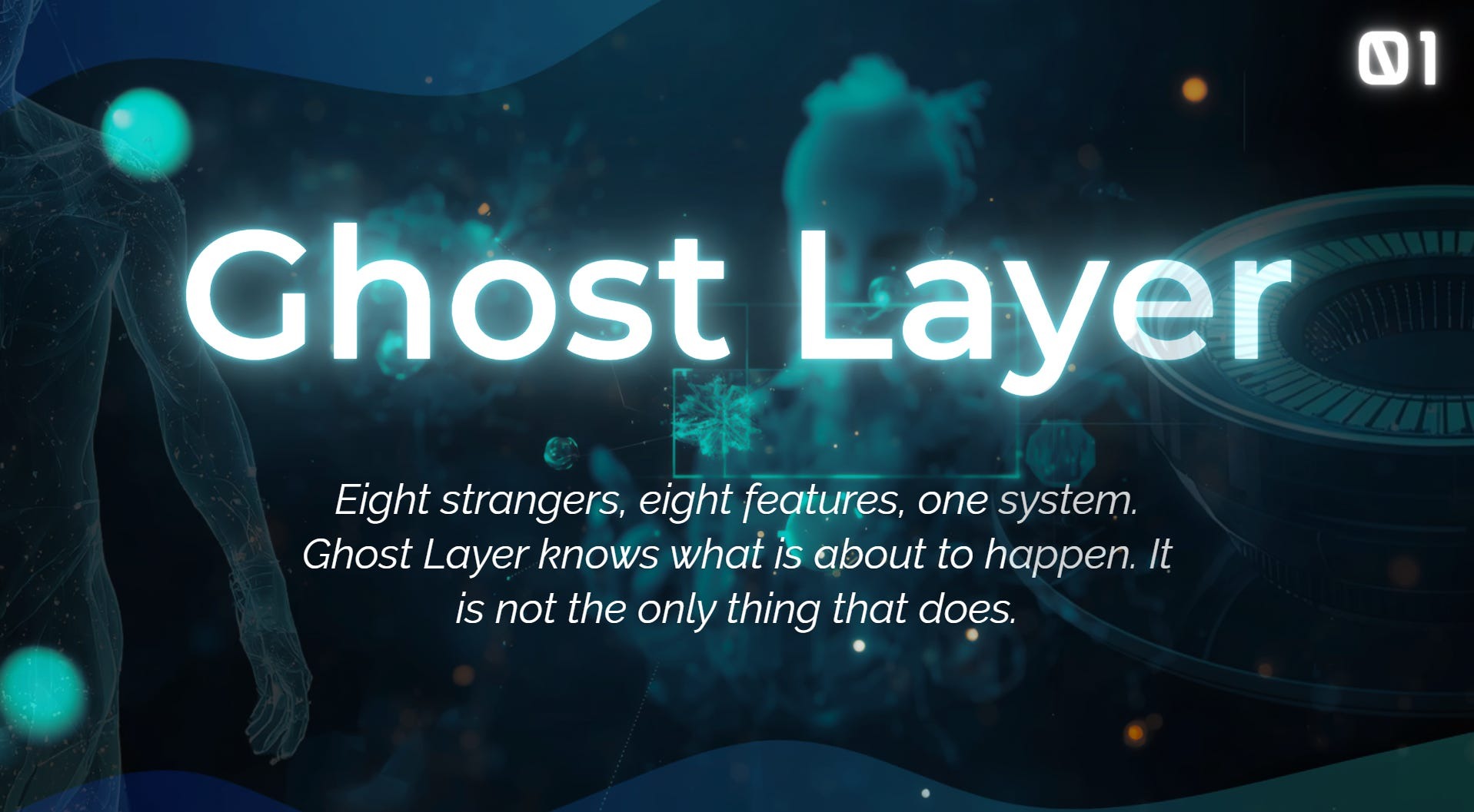 Ghost Layer key art with glowing augmented-reality typography and teal interface forms.