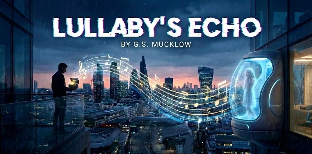 Lullaby's Echo cover: a rainy city skyline with musical notation flowing toward a glowing pod.