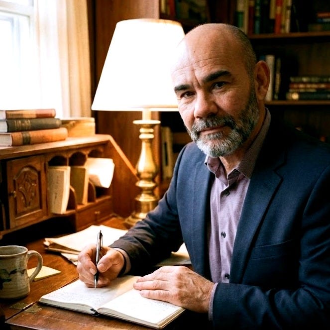 G.S. Mucklow at his writing desk — lamplight, books, and a journal.