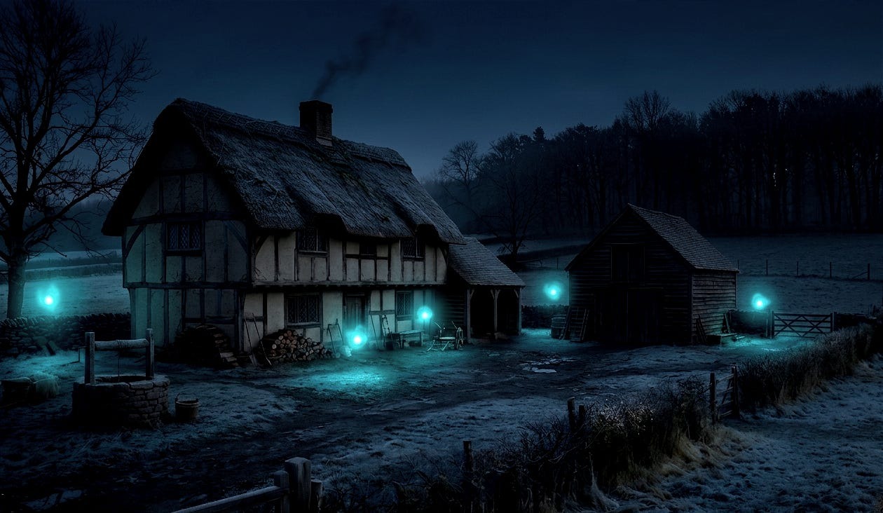 A frost-covered timber farmhouse at night, surrounded by eerie blue lights.
