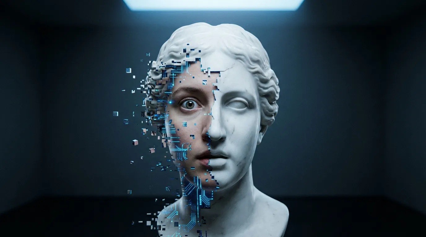 Uncanny Valley cover: a marble face half replaced by digital fragments and circuitry.